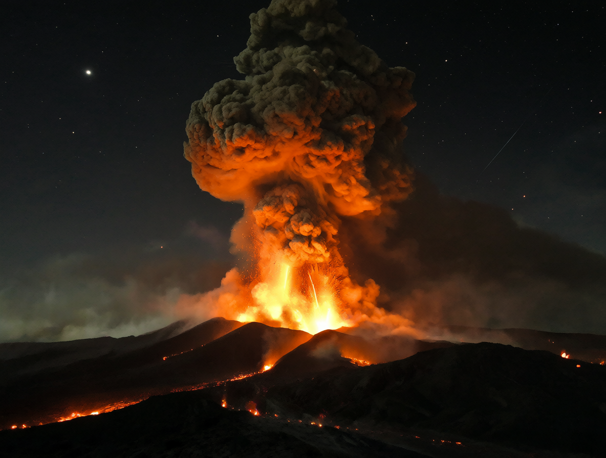 Nube de ceniza y magma brillante durante una erupción volcánica explosiva