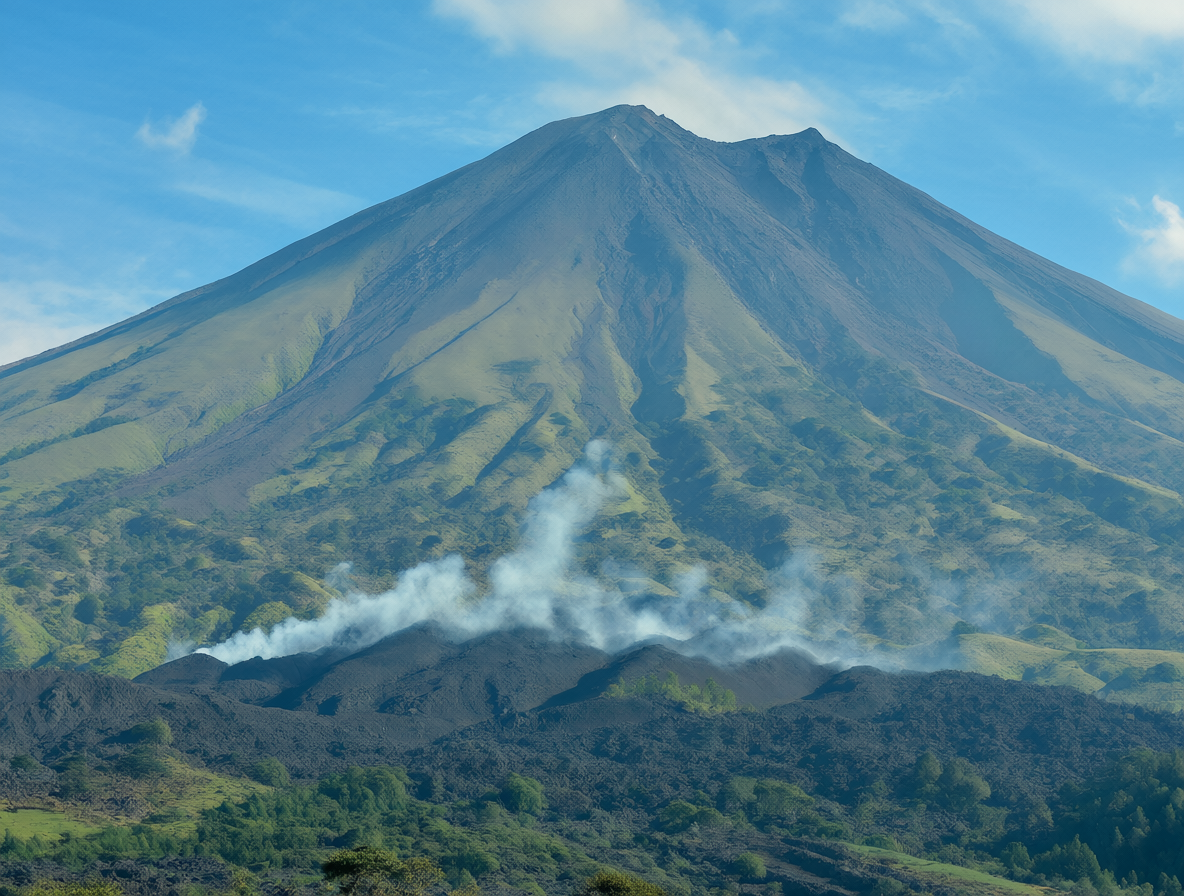 Volcán activo cubierto de nieve bajo el cielo