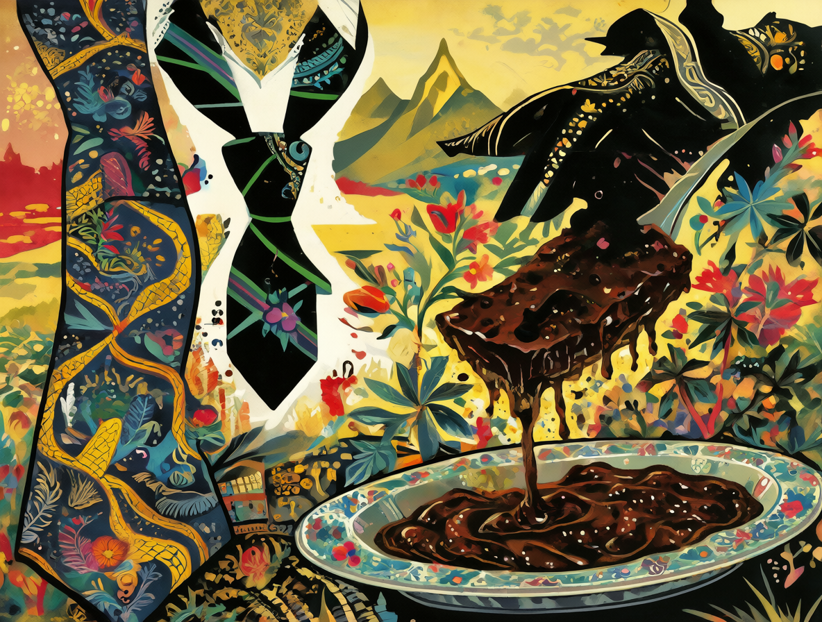 Ilustración del contraste entre un plato de humita andina y una corbata formal
