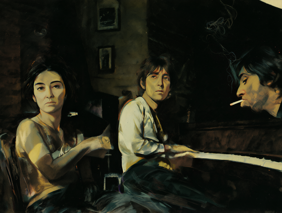 John Lennon, Bob Dylan y Yoko Ono en una escena artística que refleja su dinámica musical y personal.