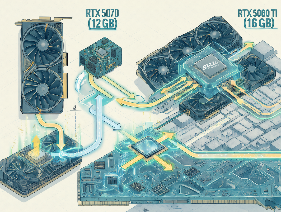 Ilustración técnica comparando dos tarjetas gráficas futuristas que muestran el flujo de datos entre la memoria de video y la memoria del sistema.