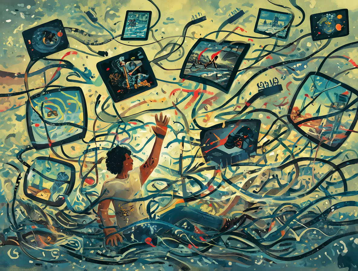 Ilustración de una persona saturada rodeada de tecnología y archivos de juegos pesados.