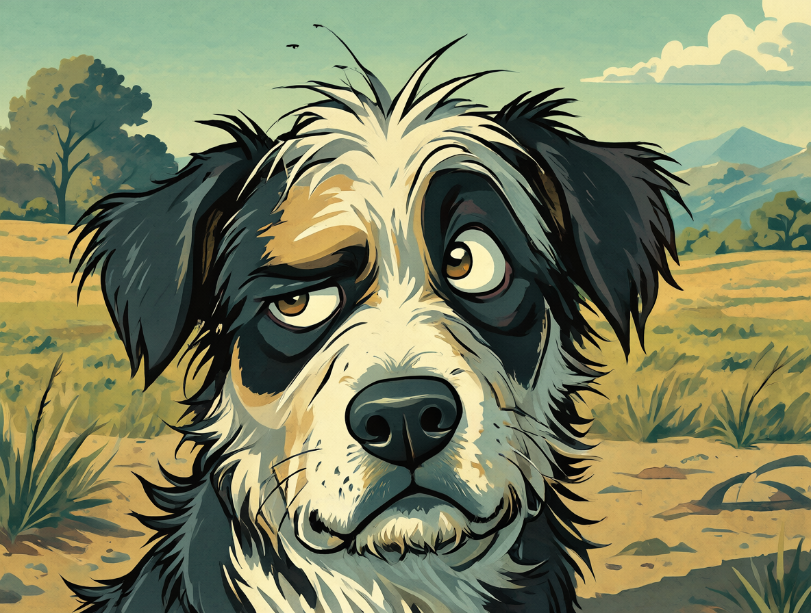 Retrato de Mumbly, perro desaliñado con expresión de duda y astucia torpe