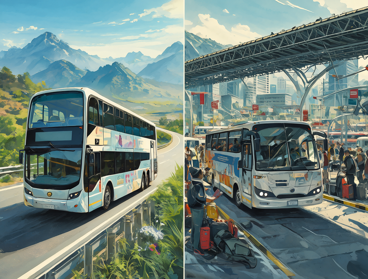 Ilustración dividida mostrando buses modernos en sus respectivos entornos: uno en carretera y otro en terminal urbana.