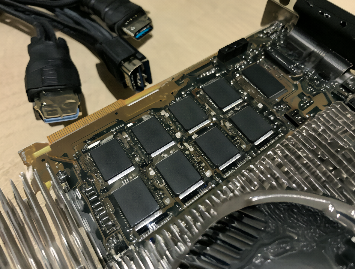 Tarjeta gráfica mostrando chips de memoria y conectores de video en un entorno de escritorio