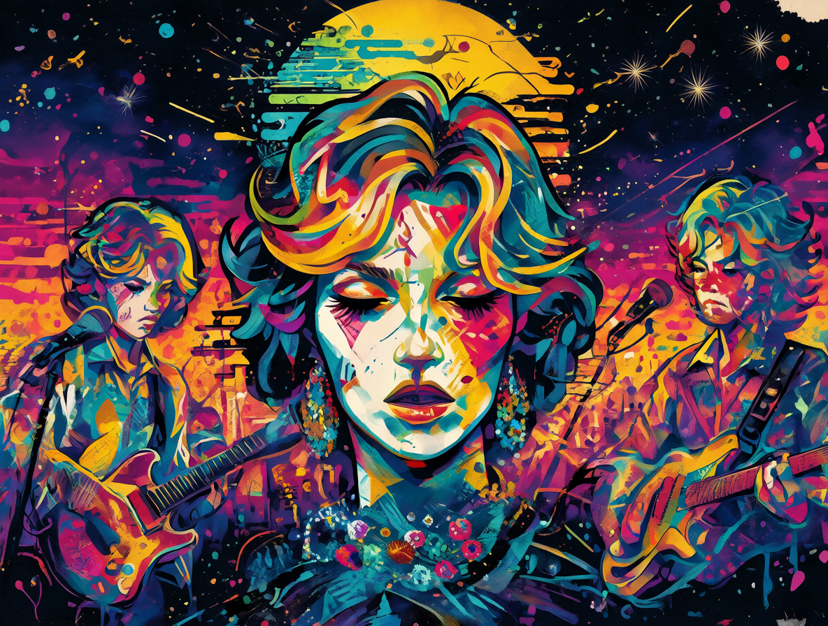 Ilustración artística de la banda Blondie bajo luces de neón estilo años ochenta.