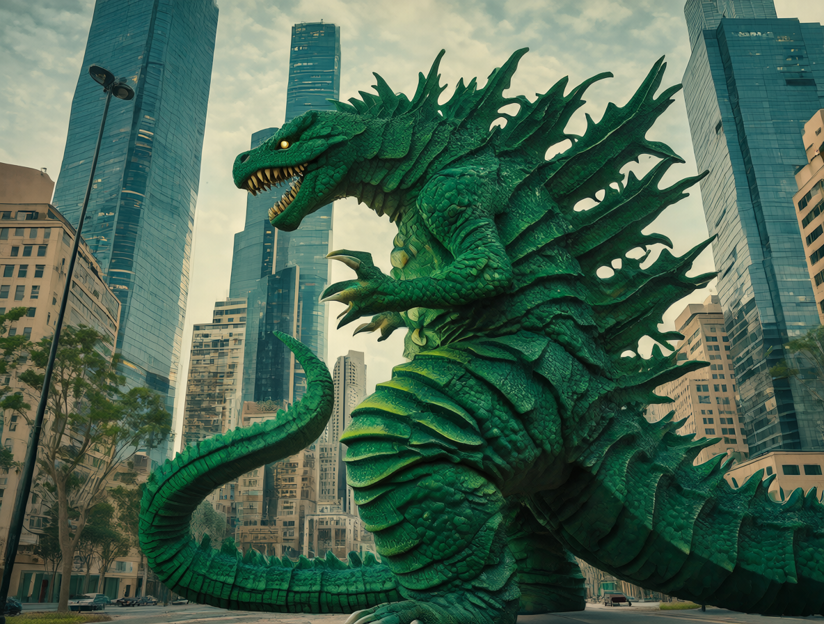 Godzilla caminando sobre una ciudad, rodeado de edificios que parecen pequeños en comparación con su tamaño monstruoso.