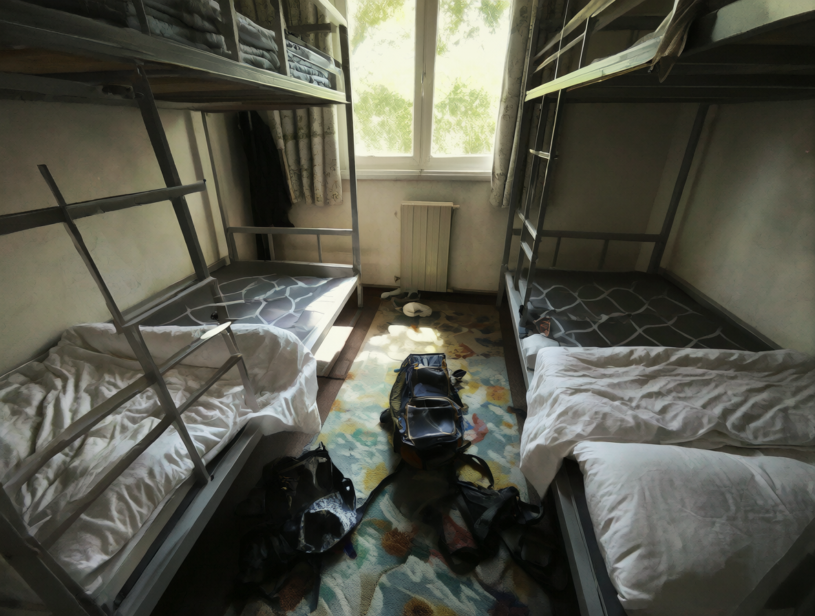Dormitorio compartido casi vacío en un hostel