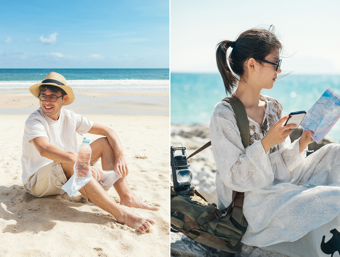 Split composition showing a relaxed tourist on a beach versus a traveler using digital devices for travel planning.
