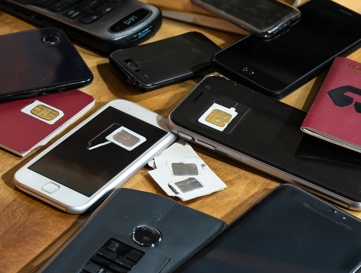 Close-up view of mobile phones, eSIM cards, local SIMs, and passports on a table representing international travel.