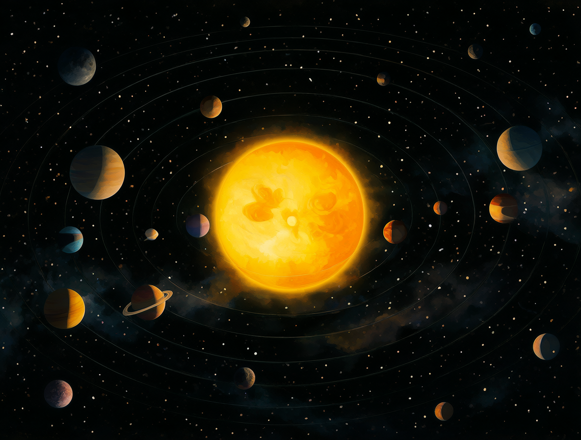 Ilustración del sistema solar mostrando el Sol y los planetas orbitando en un espacio profundo.
