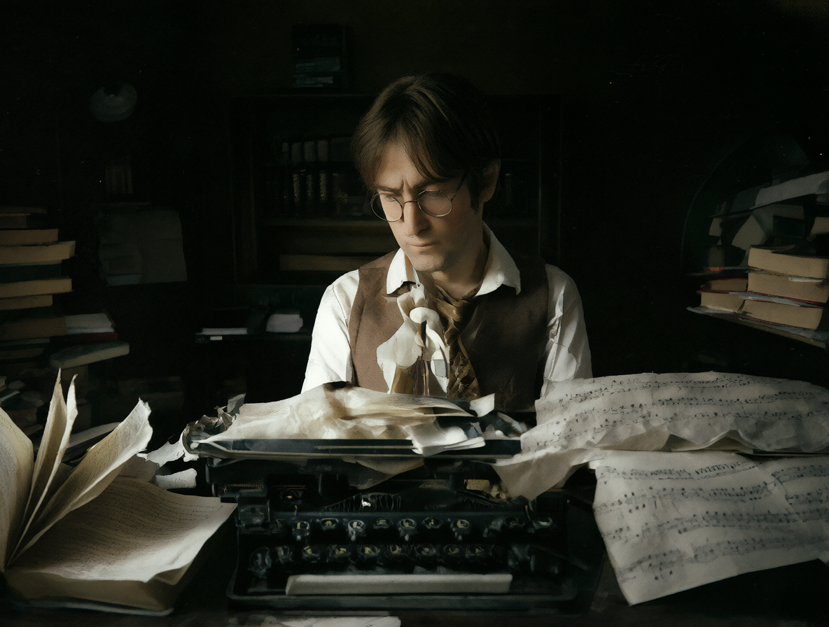 Ilustración de John Lennon escribiendo en su estudio