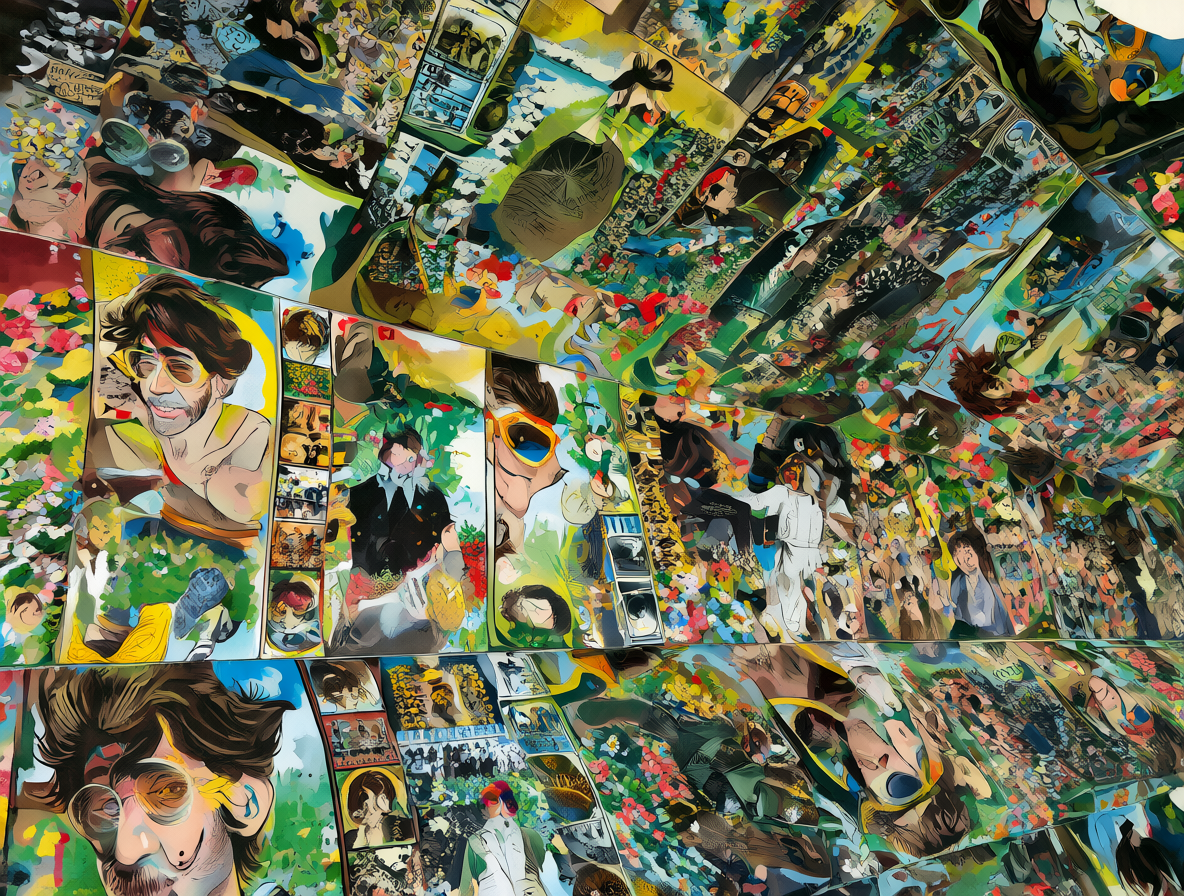 Ilustración vibrante de The Beatles en un espejo infinito con escenas de sus éxitos reflejadas.