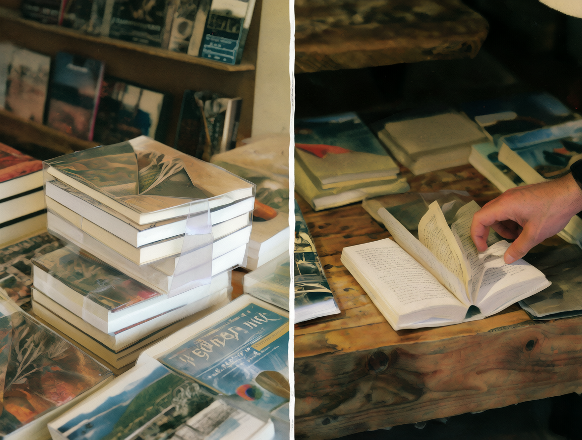 Libros sellados en una estantería junto a manos leyendo un libro abierto, mostrando dos formas de vender.
