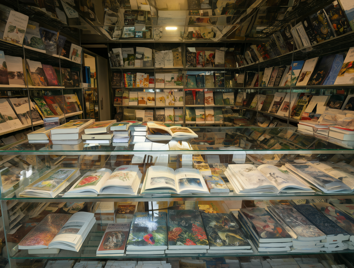 Una librería con vitrinas de libros abiertos y estantes llenos de títulos sellados, mostrando una estrategia de venta mixta.