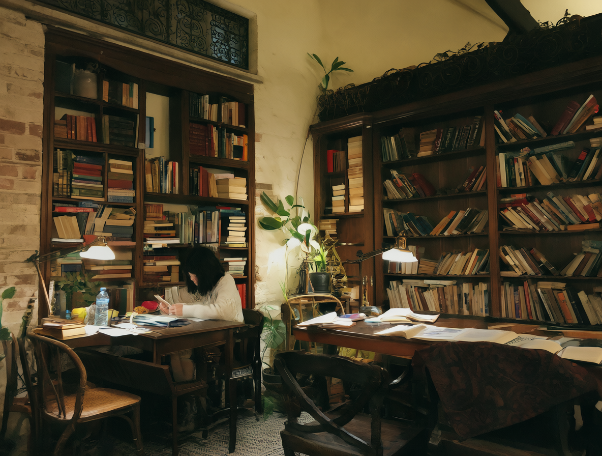 Estudiante estudiando solo en una biblioteca tranquila llena de libros viejos.