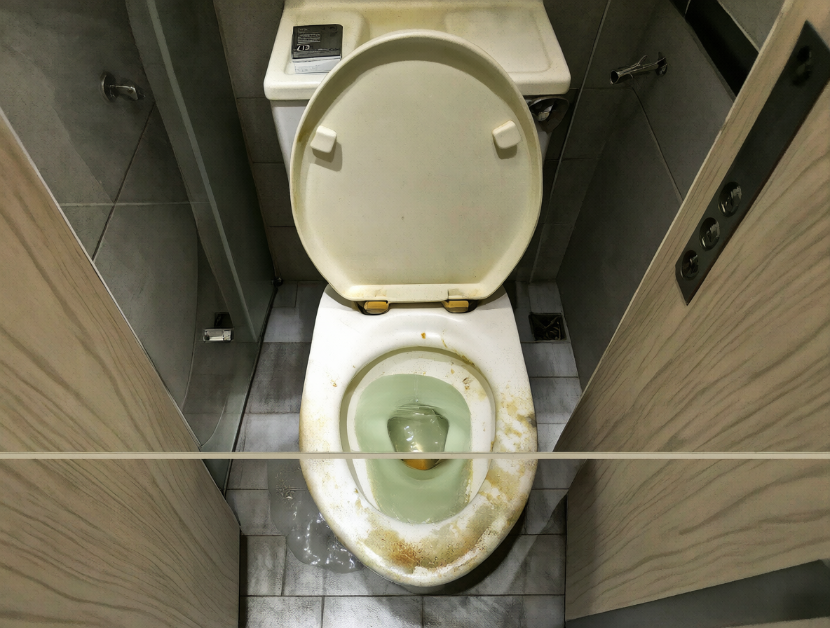 Vista dividida de un baño público mostrando el espacio debajo de una puerta y materiales económicos como madera barata o plástico oxidado.