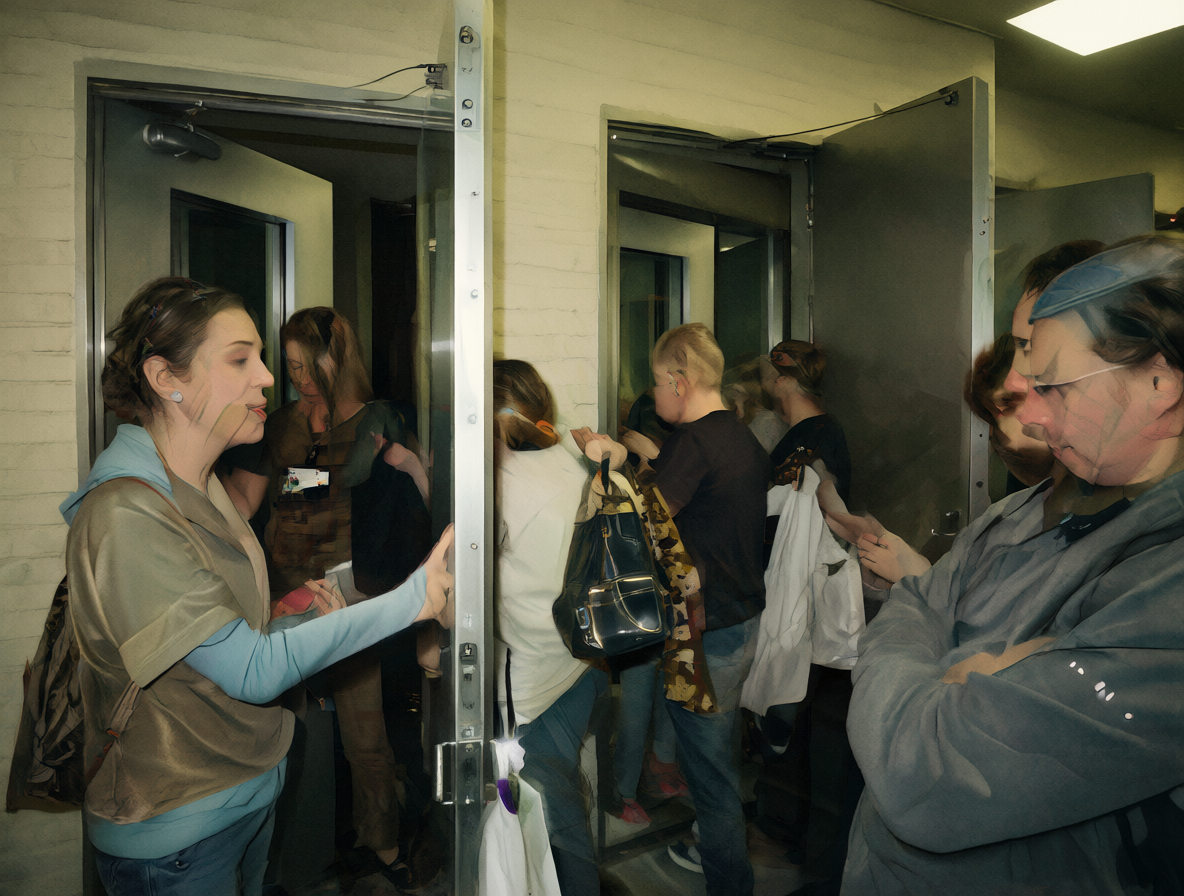 Escena en una fila de espera para un baño público donde se ve claramente la puerta abierta entre las personas.