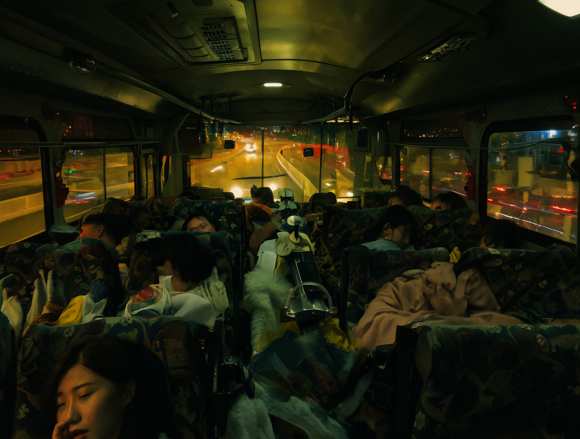 Interior de un autobús lleno de pasajeros durmiendo bajo la luz nocturna.