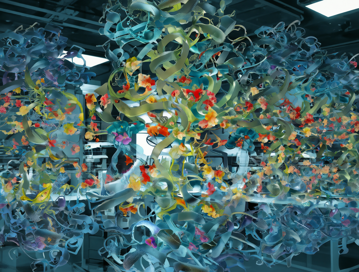 Ilustración digital mostrando el logotipo de AlphaFold, proteínas plegadas y un cerebro humano bajo análisis en un entorno de laboratorio.
