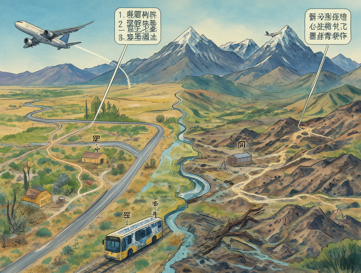 Ilustración comparativa de rutas terrestres y aéreas