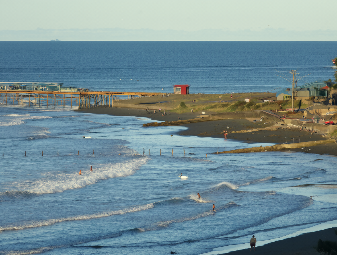 Coastal scene of Mehuín with pier and surfers