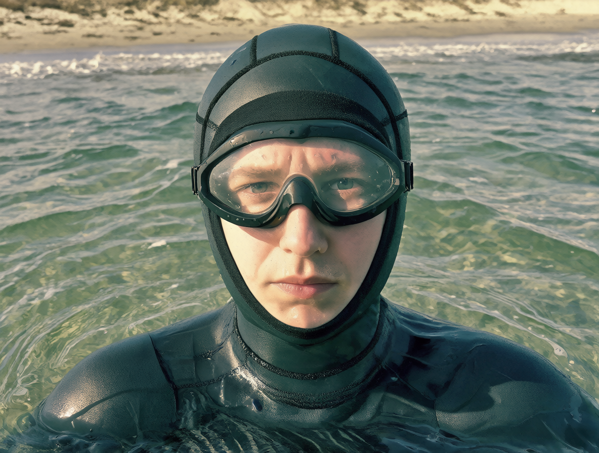 Close-up of a person in a wetsuit without goggles