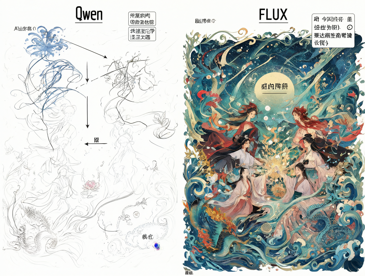 Diagrama técnico mostrando la eficiencia del modelo Qwen para expandir dibujos simples con recursos limitados, comparado con el comportamiento más creativo de FLUX.