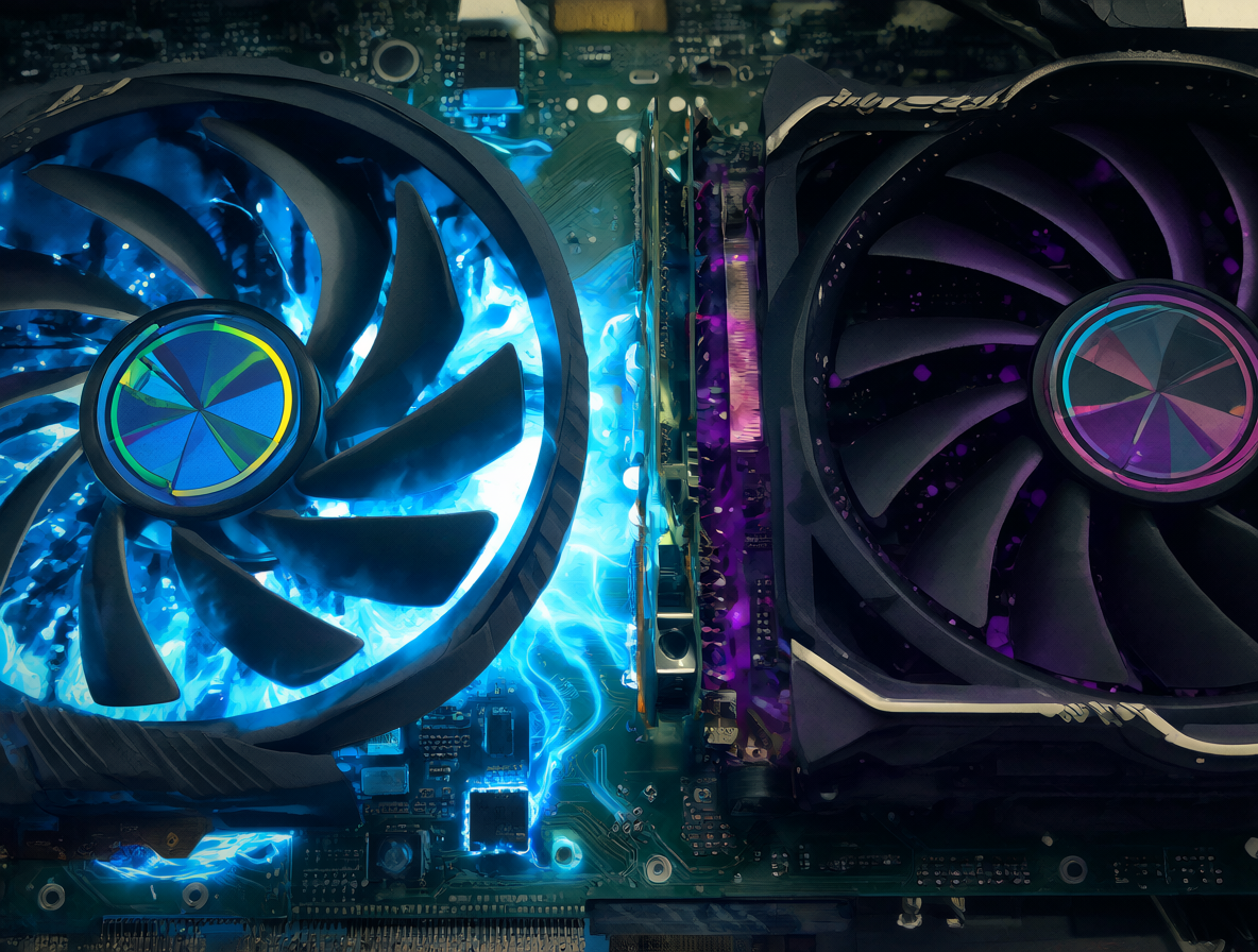 Computer hardware glowing in blue and purple to show memory usage differences.
