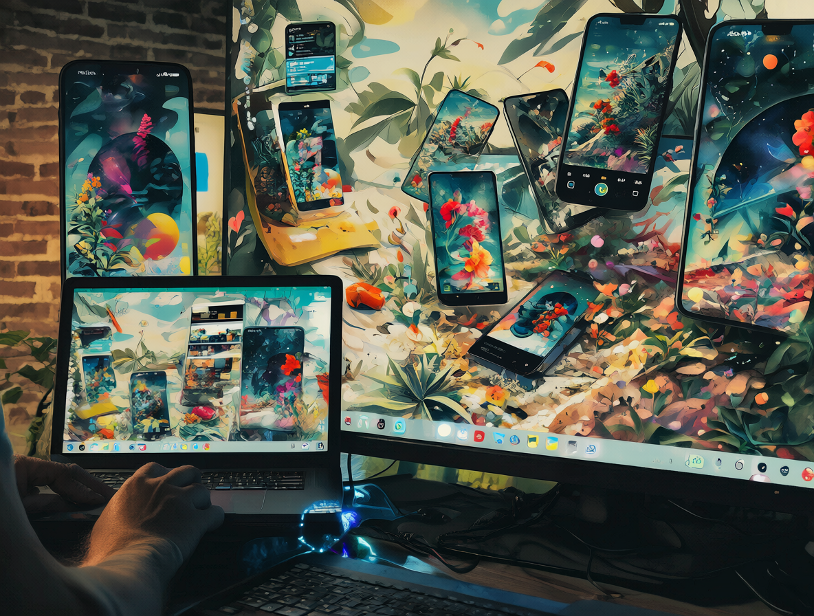 Persona usando una laptop para descargar imágenes mientras ve previews en un monitor grande.