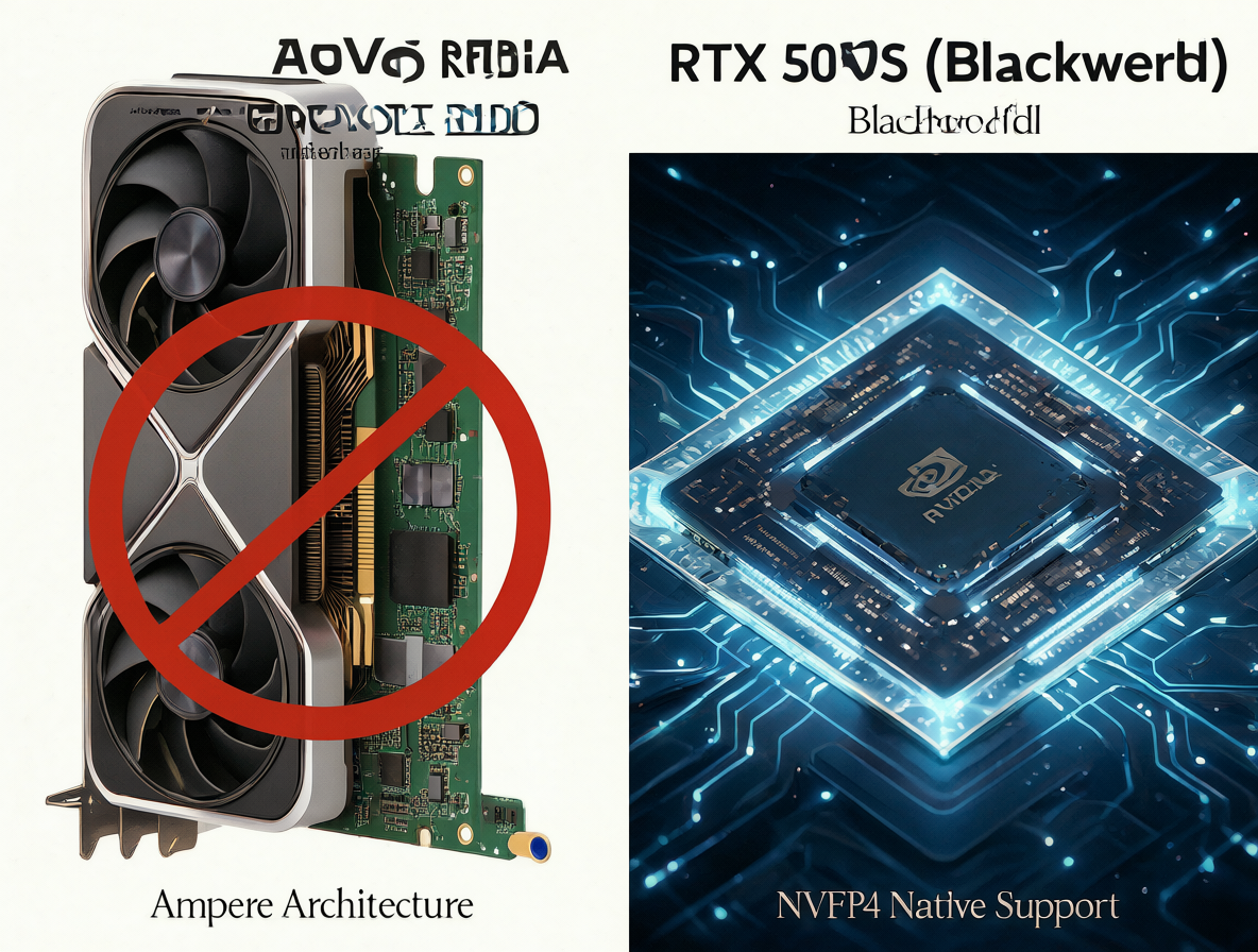 Imagen comparativa mostrando una tarjeta gráfica RTX 3090 a la izquierda sin soporte para el formato de precisión, y un chip RTX 50-series a la derecha con soporte nativo.