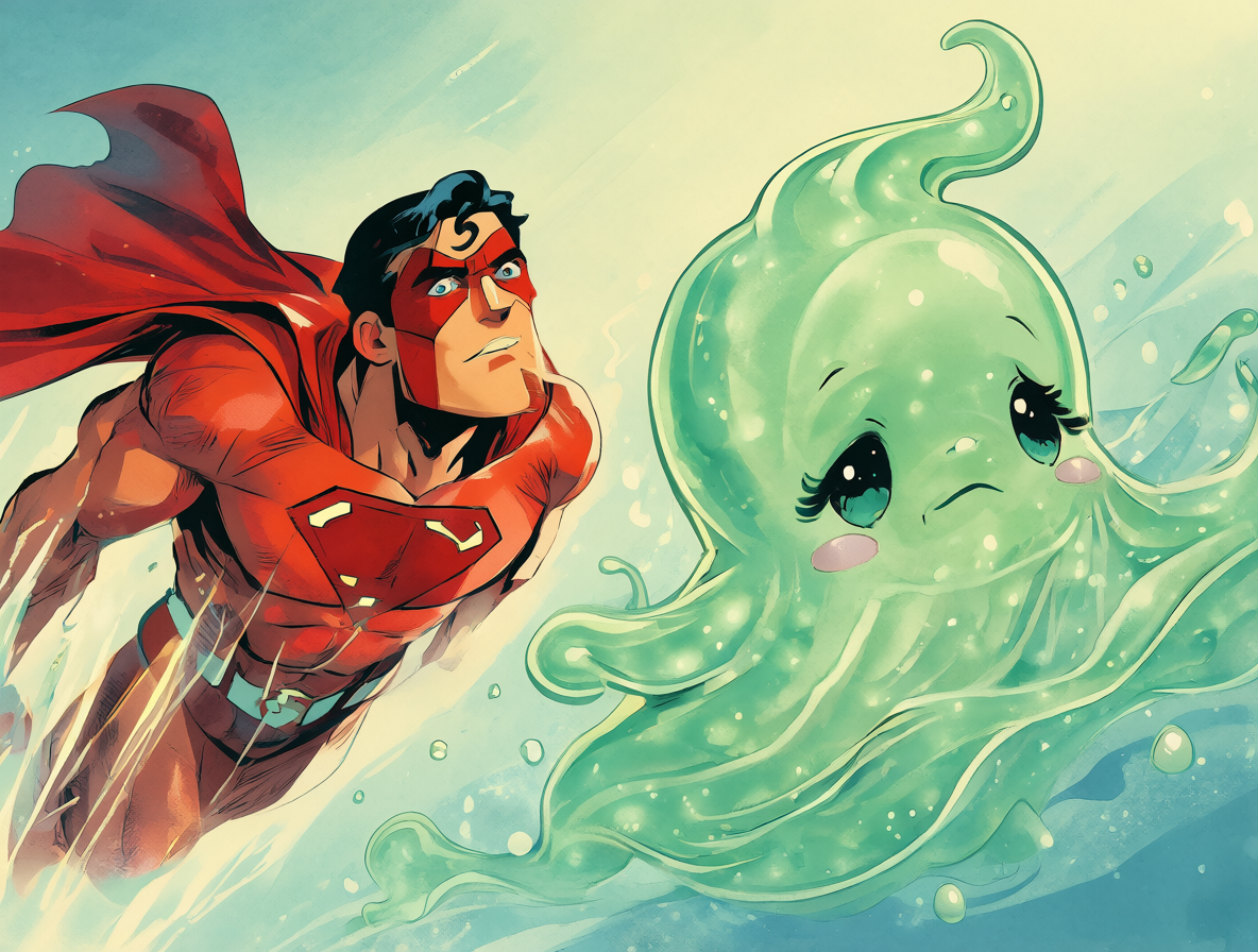 A split illustration showing Superman flying on one side and Lum floating on the other against a sky background.