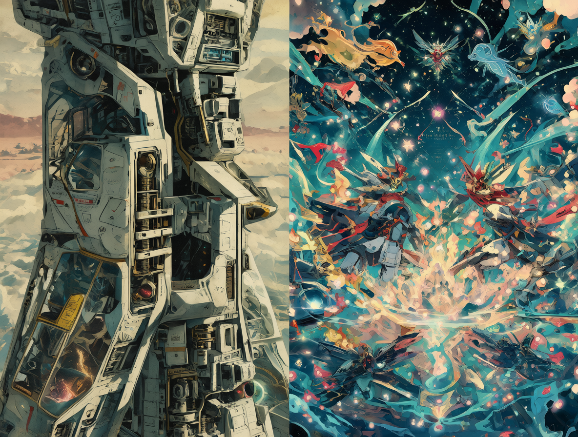 A split image contrasting realistic sci-fi spacecraft with stylized anime scenes to show different physics logic.