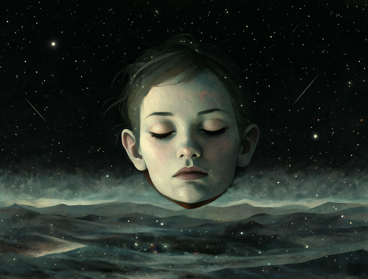 A portrait of a person floating calmly in space with a starry background.