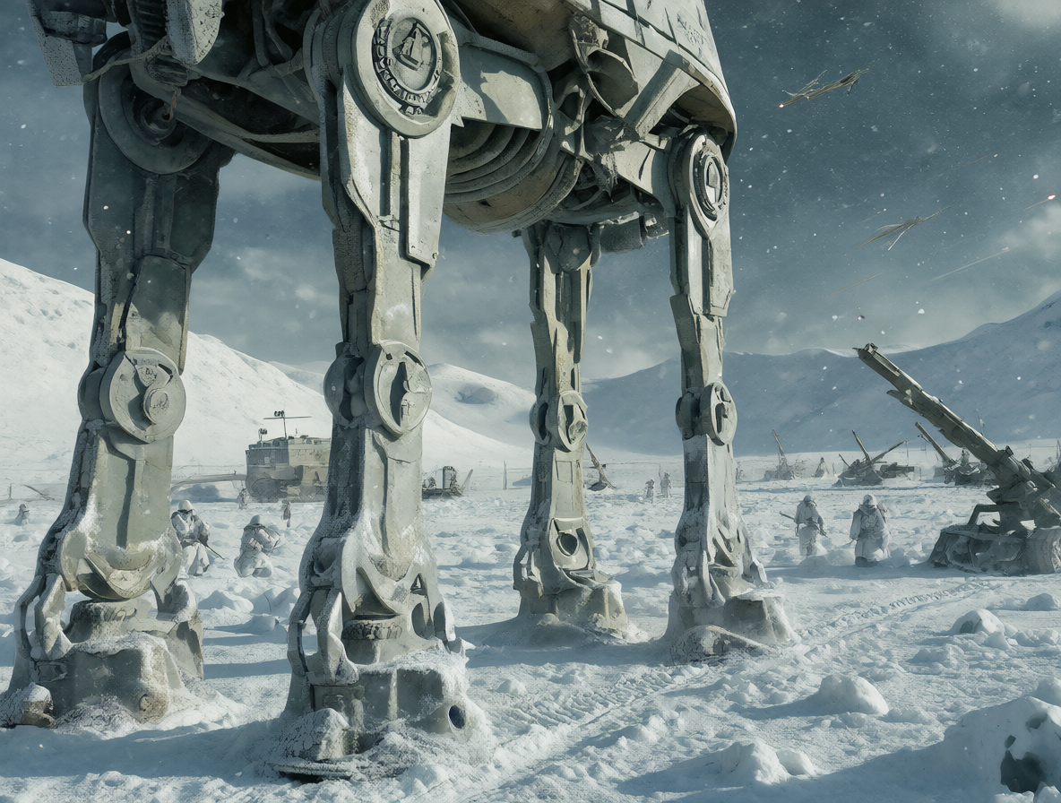Vista de un caminante AT-AT del Imperio avanzando por la nieve de Hoth con tropas rebeldes al fondo