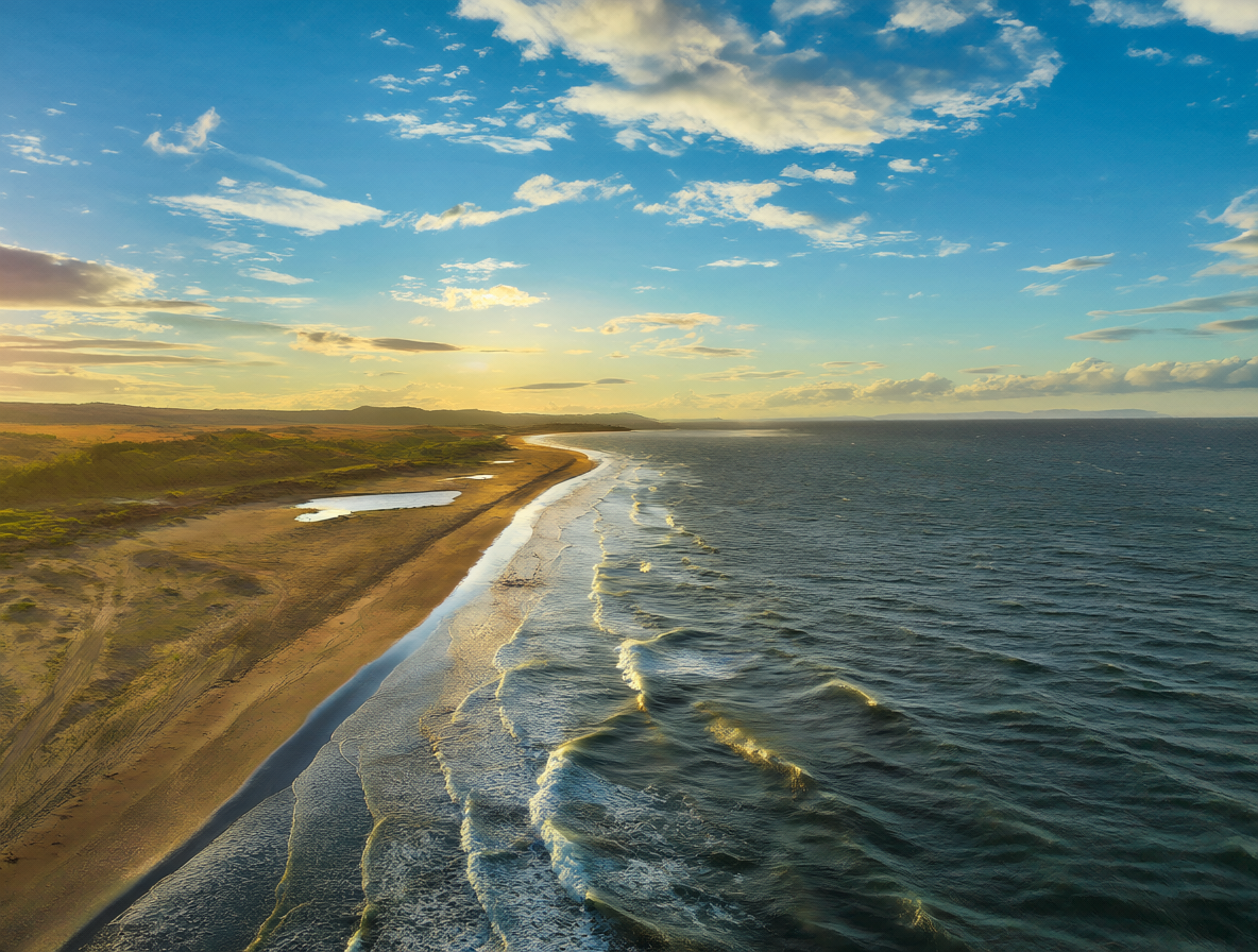 Sunny beach at golden hour with a rippling sea breeze