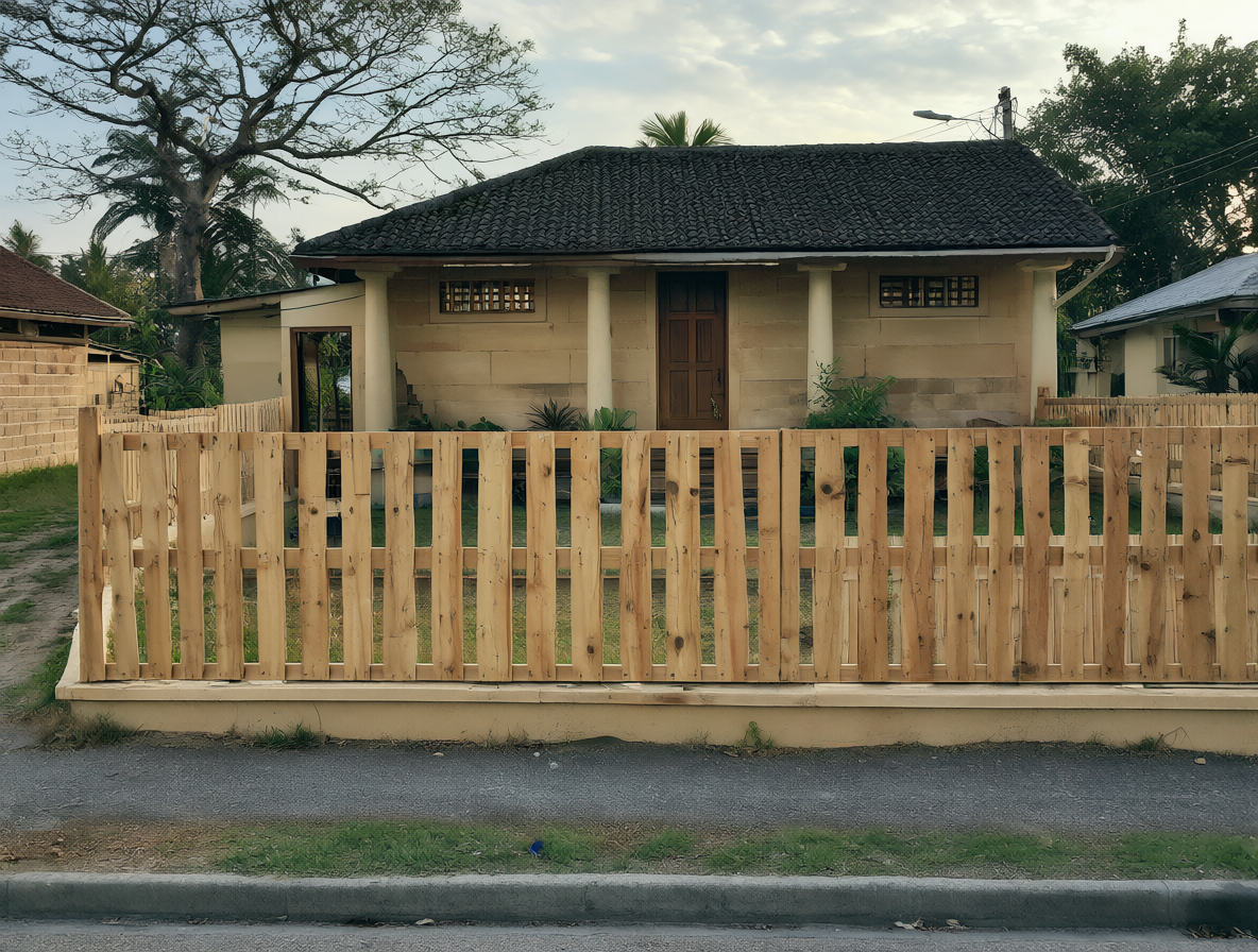Frente de una casa con un cerco de madera en la entrada principal