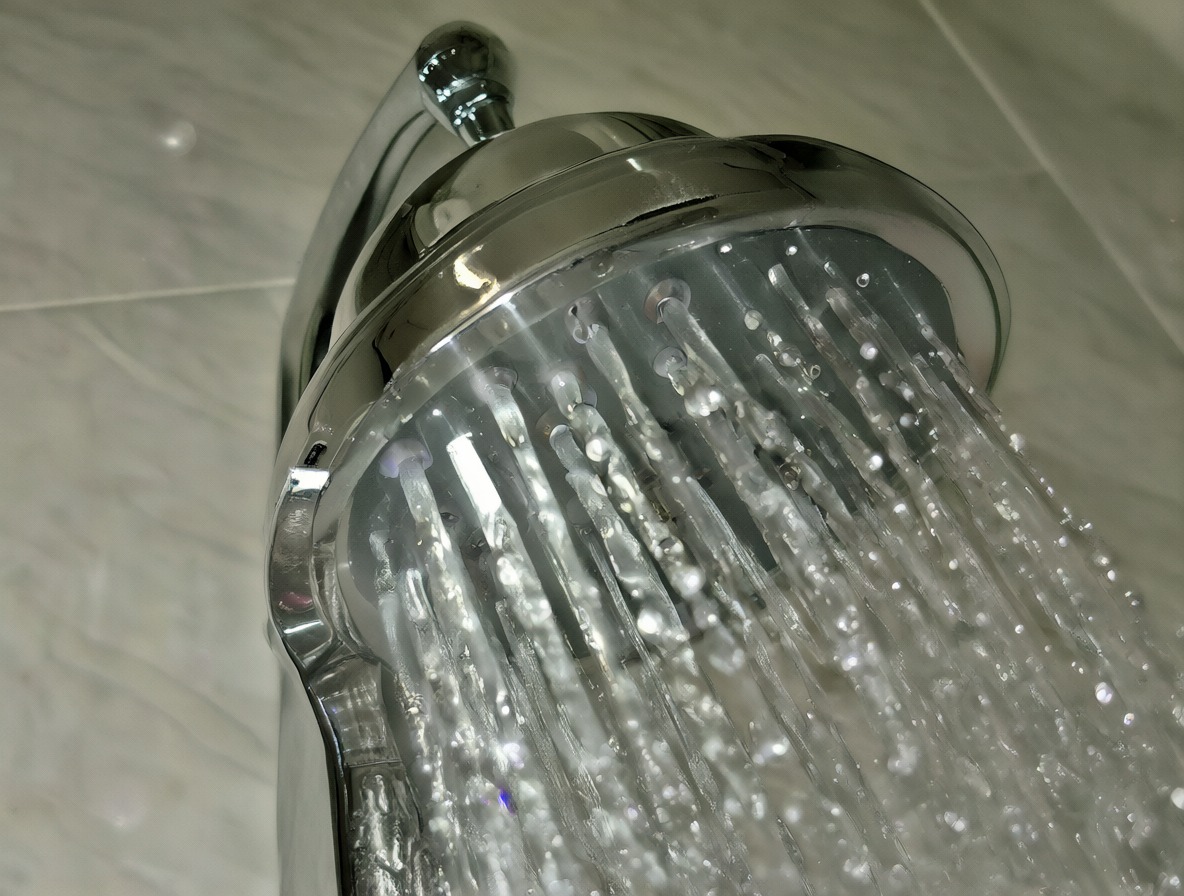 Ducha de acero inoxidable con agua fluyendo.