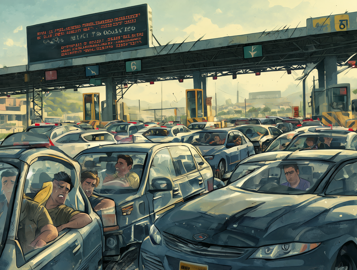 Ilustración de una caseta de peaje congestionada con conductores frustrados y letreros de retrasos.
