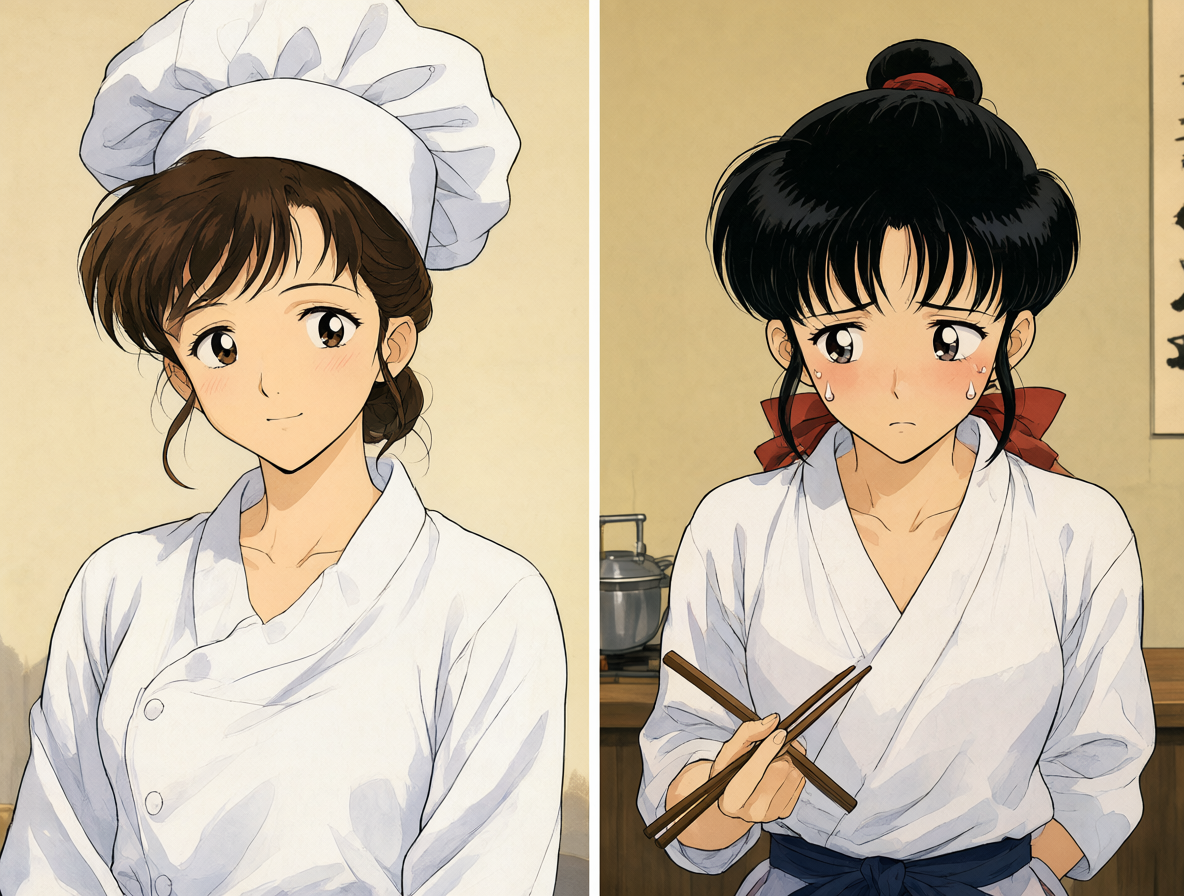 Shampoo cocinando y Ukyo siendo tímida