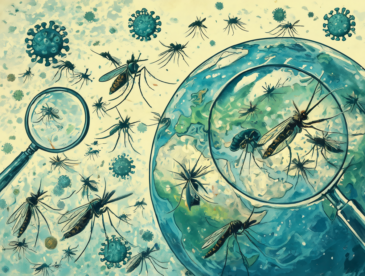 Diagrama científico mostrando la relación entre mosquitos, clima y transporte global.