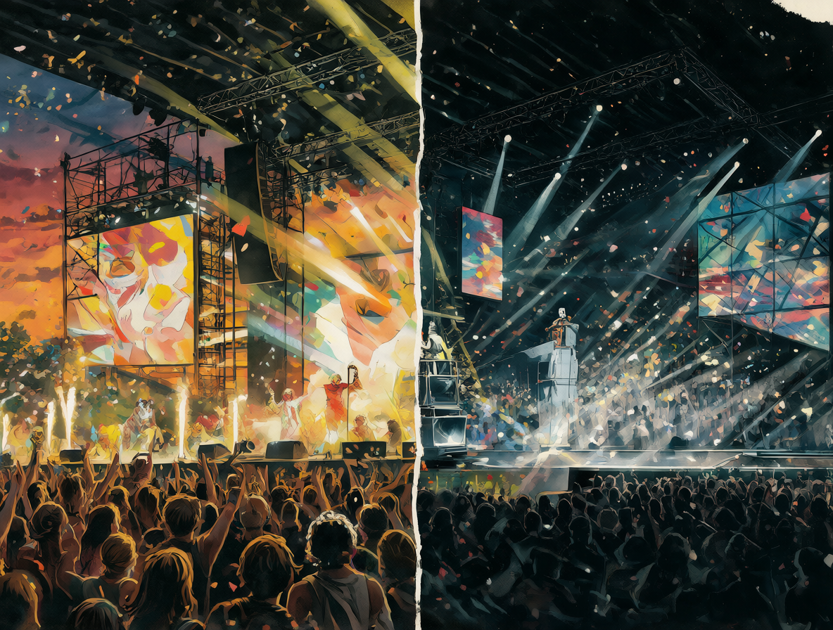 Ilustración dividida mostrando el escenario antiguo lleno de gente versus un concierto moderno con pantallas digitales.