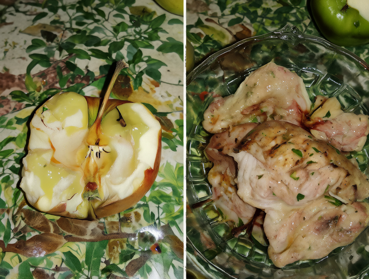 Comparación visual entre la descomposición de una manzana y un trozo de pollo