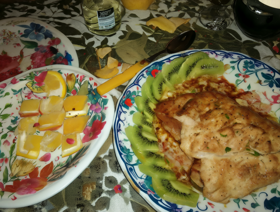 Plato mostrando pollo cocido junto a fruta rebanada