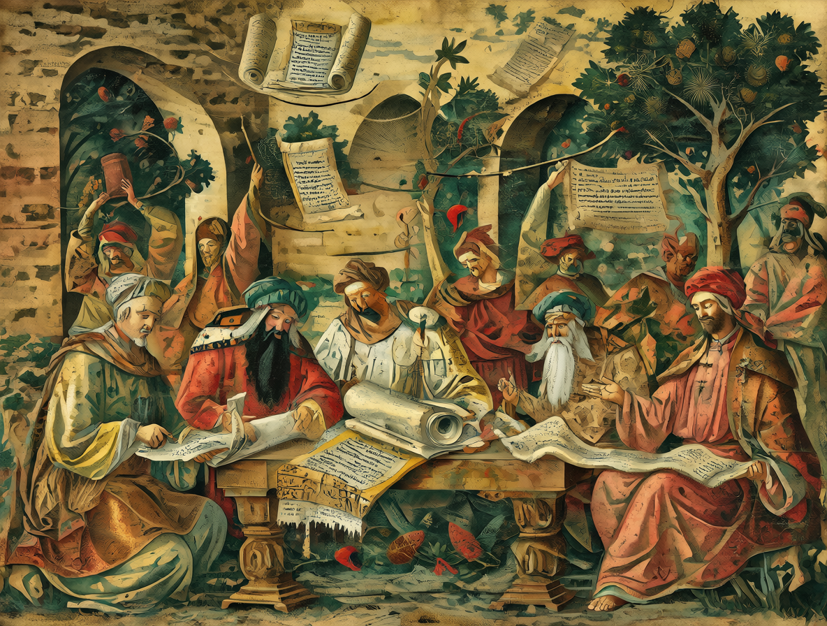Ilustración de manuscritos antiguos y eruditos estudiando pergaminos