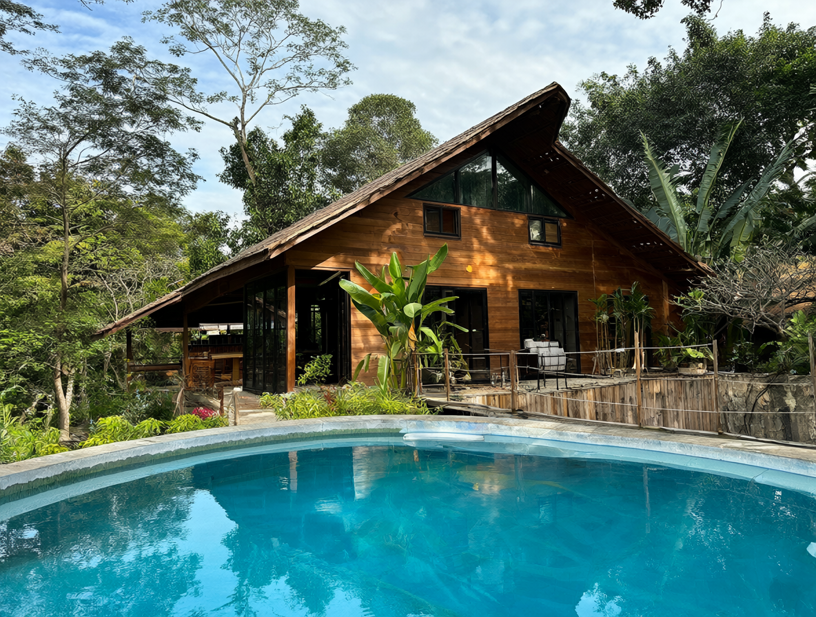 Vista exterior de un quincho de madera junto a una piscina tranquila.