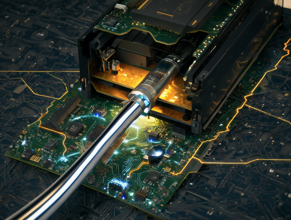 Diagrama técnico mostrando una fuente de poder abierta con sus componentes internos iluminados y un cable brillante conectando a la placa madre.