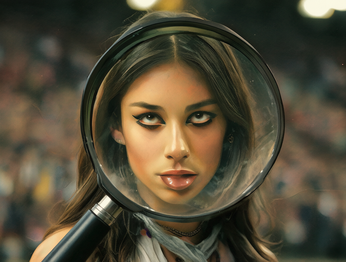 Retrato de un famoso bajo escrutinio público con lupa