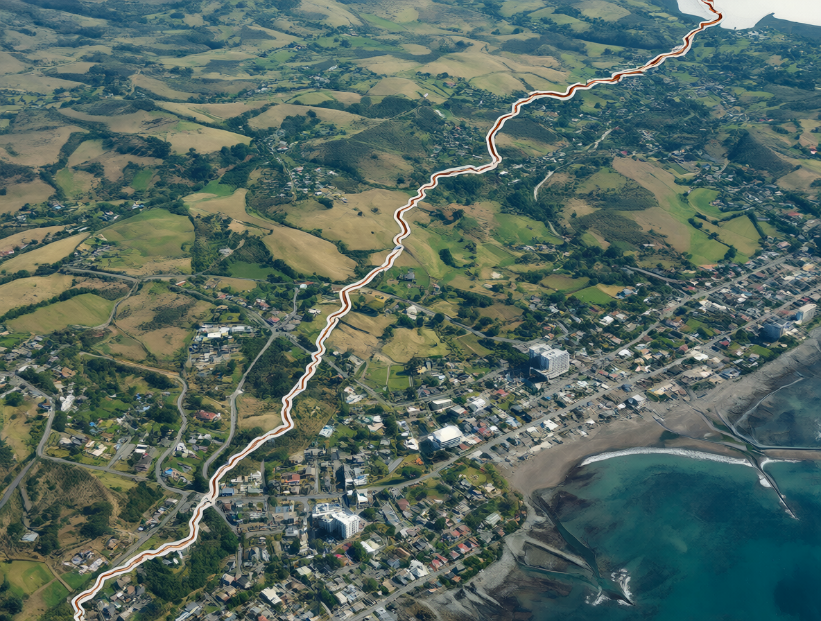Mapa y vista aérea de la ruta entre Temuco y Puerto Domínguez