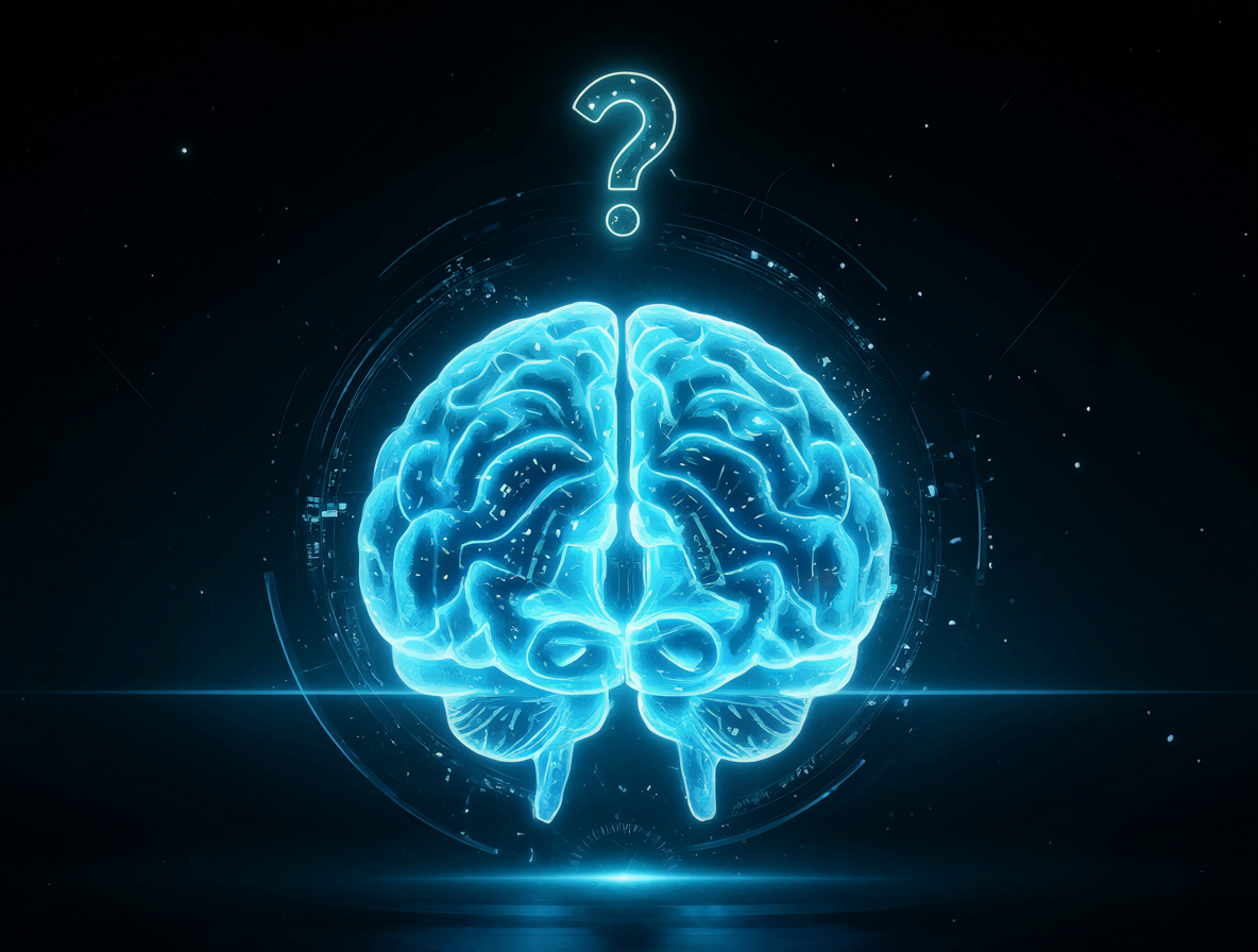 Una representación visual de un cerebro digital futurista con una interrogante flotante